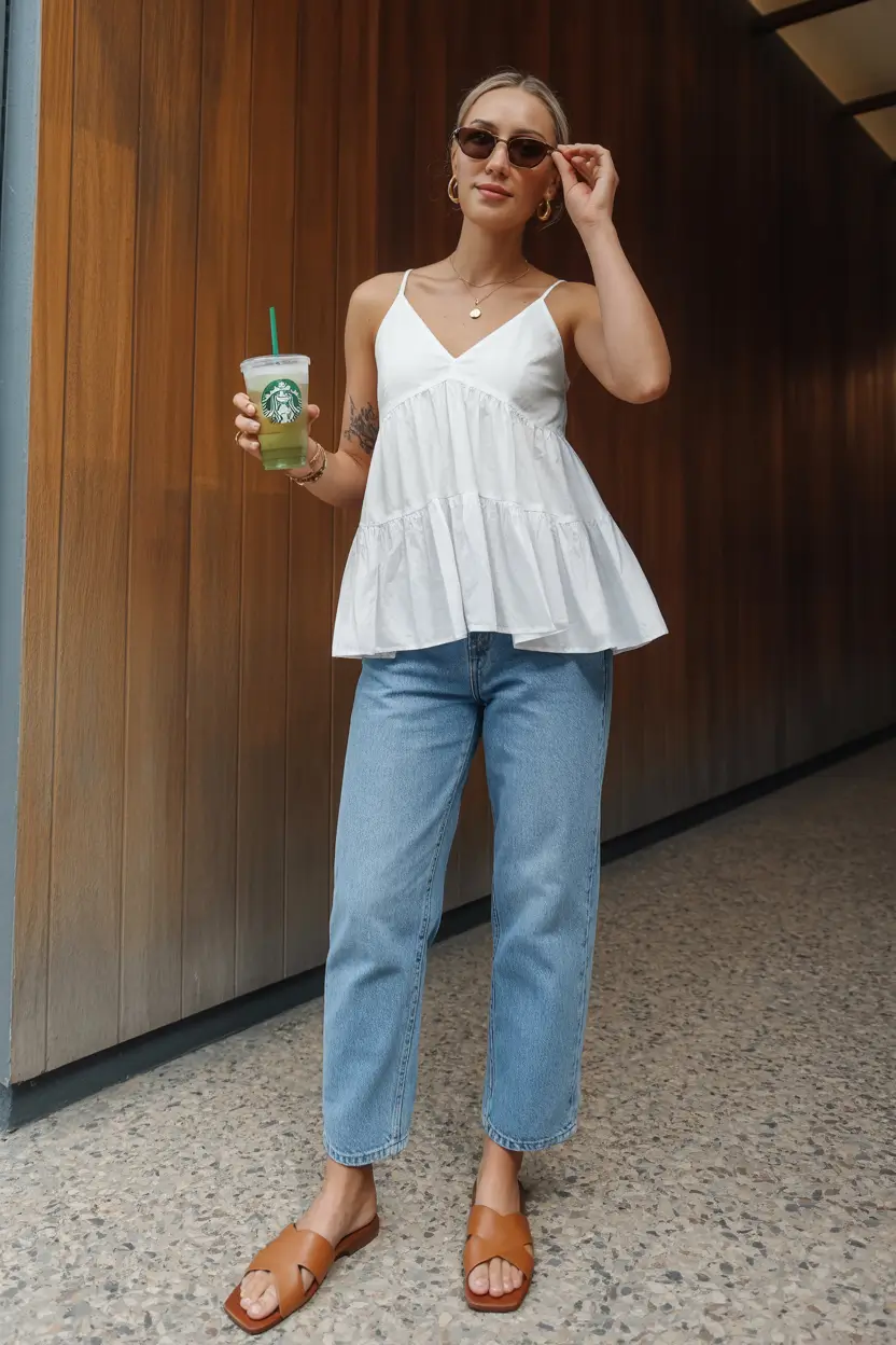 cute date spring outfits 2026 White tiered top and denim for easy breezy spring outings