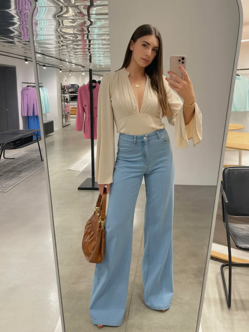 cute date spring outfits 2026 Soft glam blouse and wide leg denim for polished spring dates