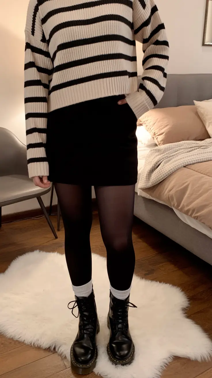 cute date spring outfits 2026 Striped knit and mini skirt pairing for cozy transitional spring moments