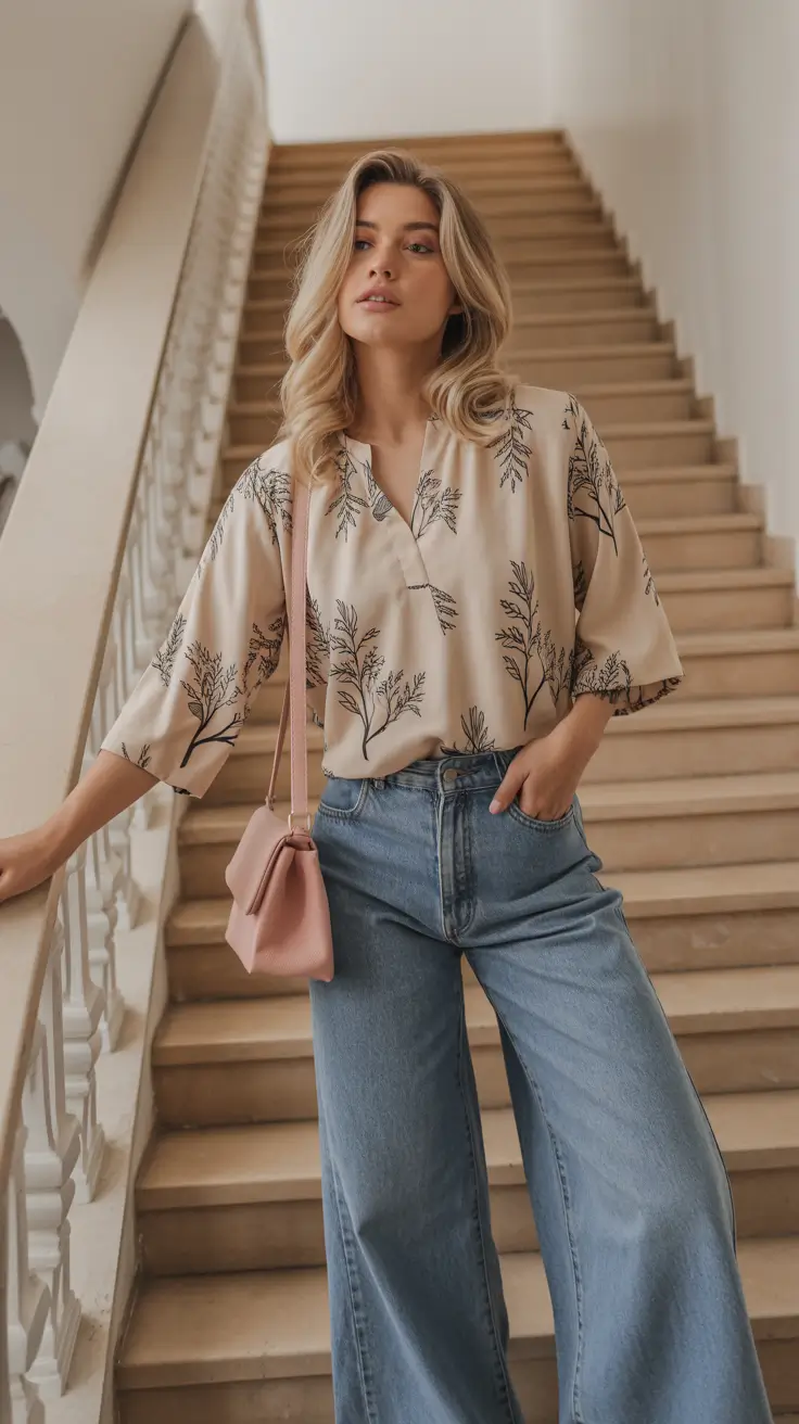 cute date spring outfits 2026 Printed blouse and wide leg denim for artistic spring ease