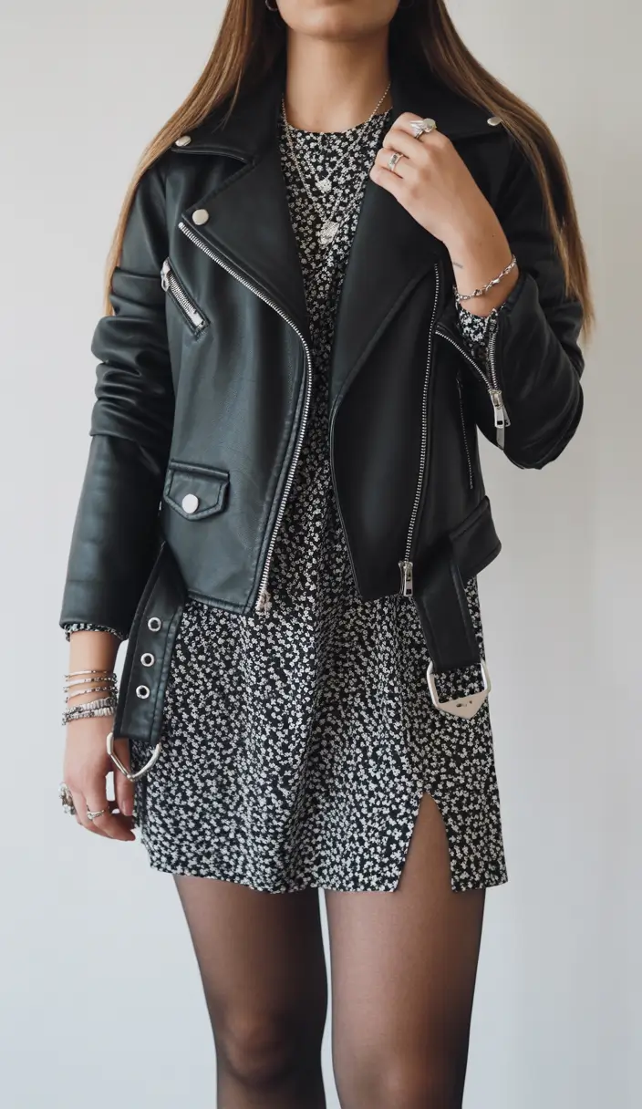 cute date spring outfits 2026 Edgy leather and floral dress pairing perfect for a casual night out