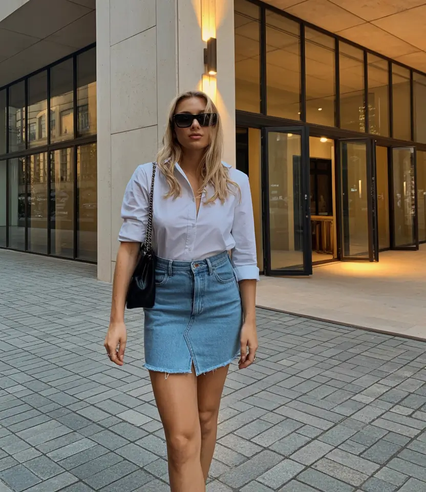 cute date spring outfits 2026 Classic white shirt and denim skirt for bright and easy spring moments