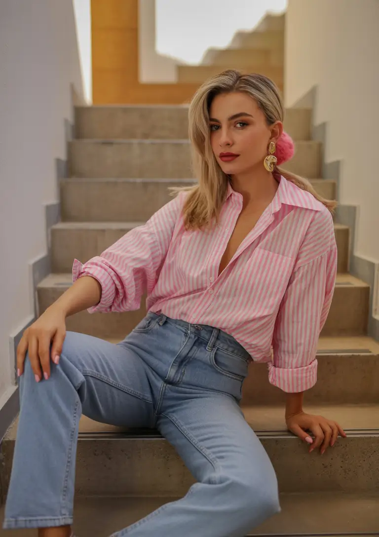 cute date spring outfits 2026 Pink stripes and soft denim for sweet spring brunch dates