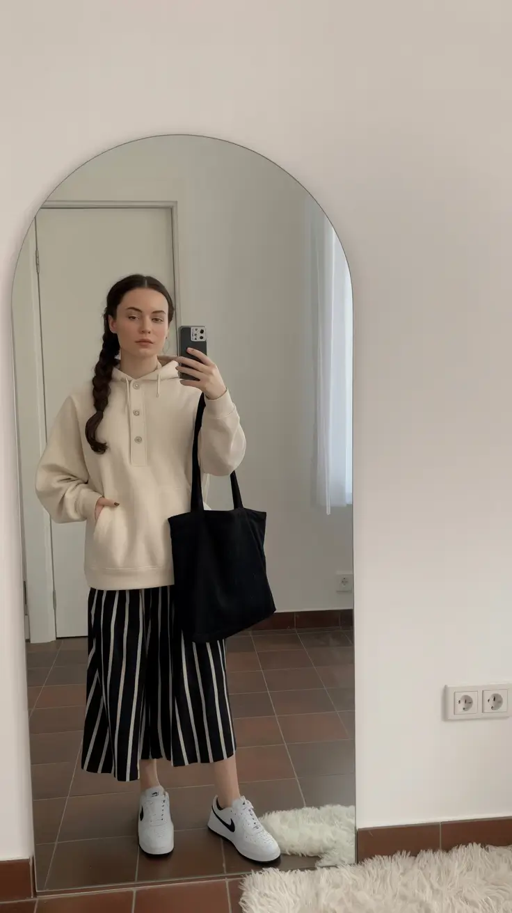 cute spring outfit with sneakers 2026 Striped Skirt Comfort With Warm Hoodie And Classic White Sneakers