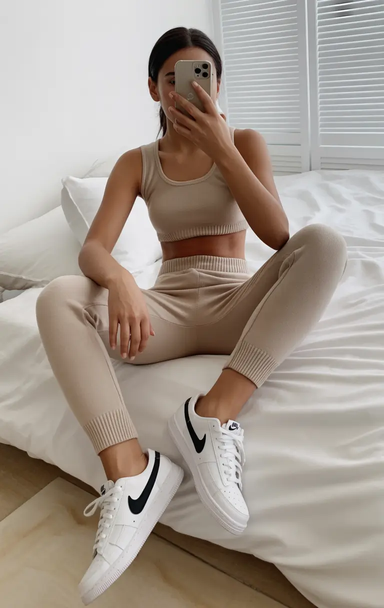 cute spring outfit with sneakers 2026 Neutral Lounge Set With Crisp White Sneakers For Spring Simplicity