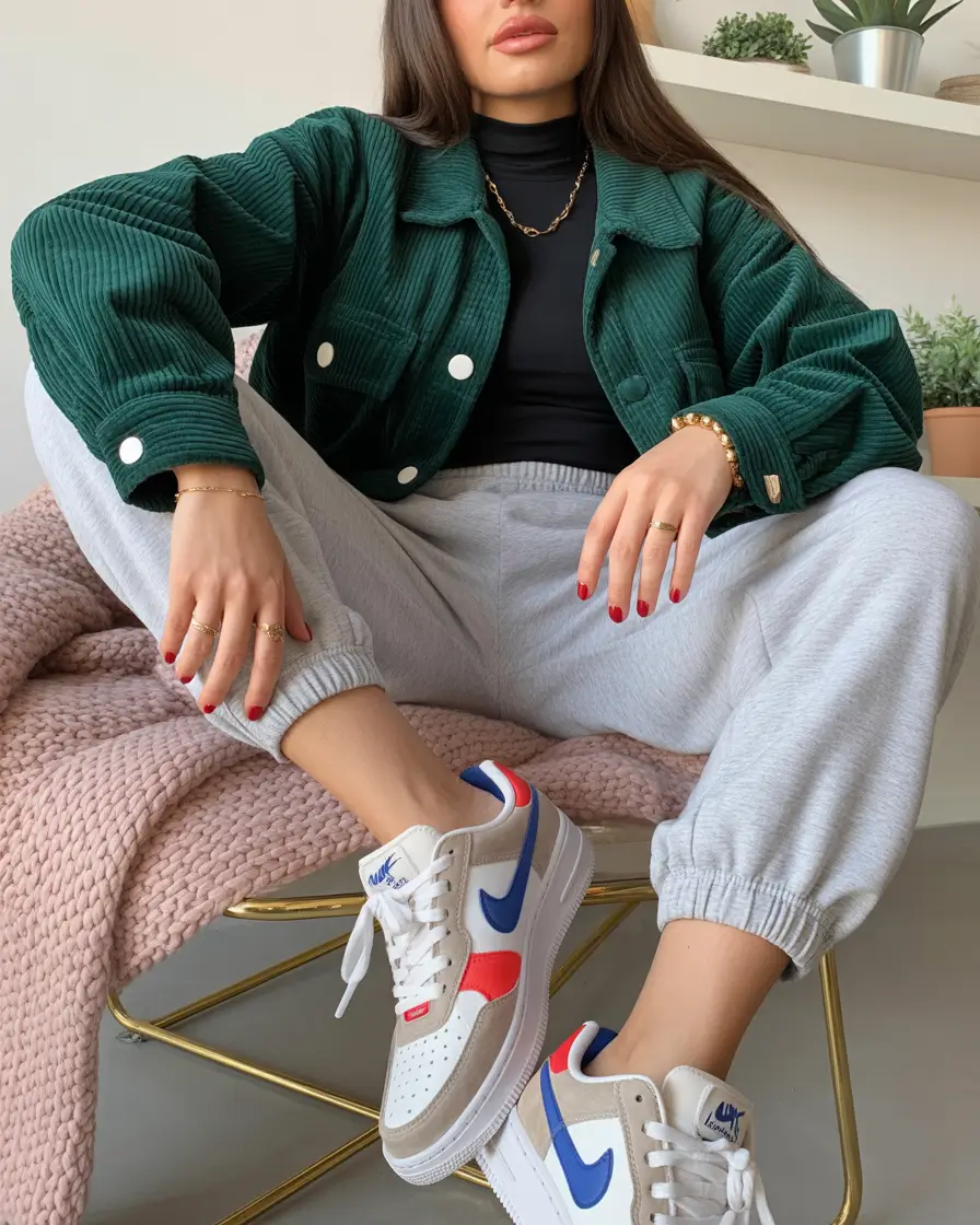 cute spring outfit with sneakers 2026 Emerald Corduroy And Joggers With Color Pop Sneakers