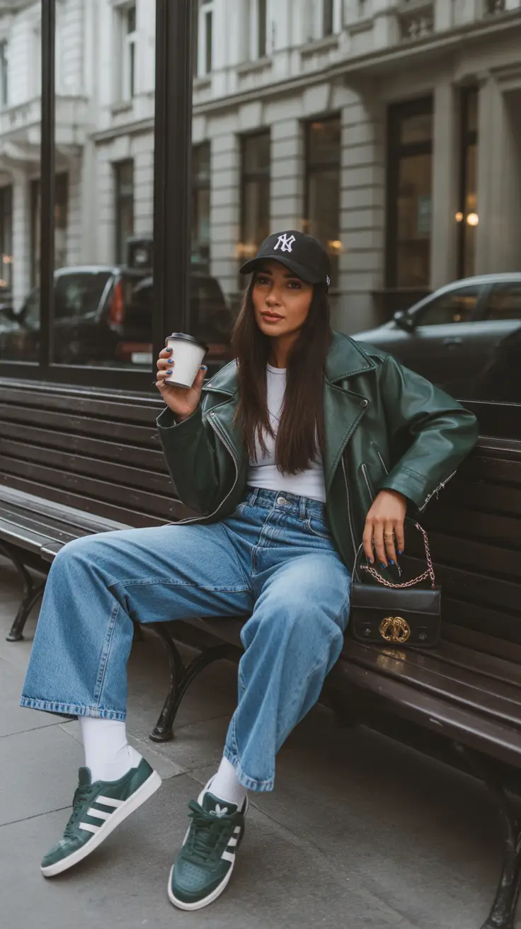 cute spring outfit with sneakers 2026 Forest Green Street Style With Oversized Denim