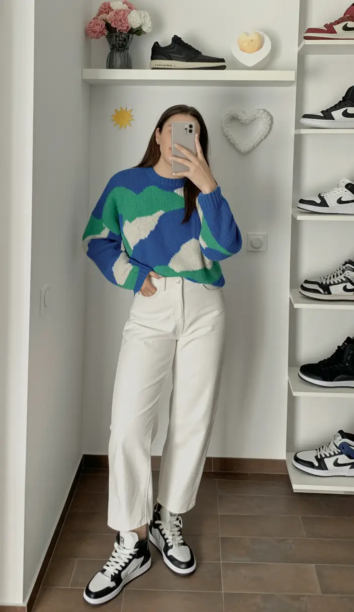 cute spring outfit with sneakers 2026 White Denim And Abstract Knit With Soft Black And Grey Sneakers