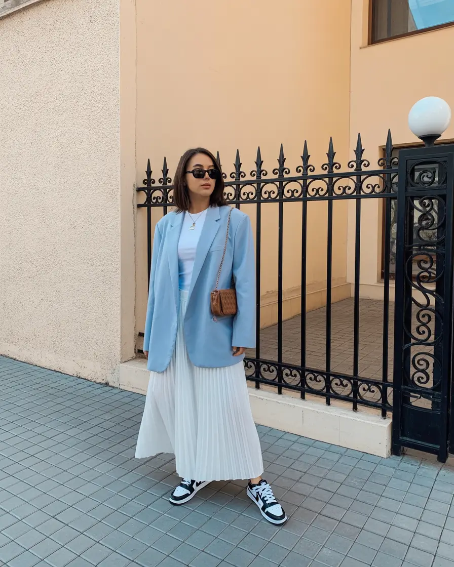 cute spring outfit with sneakers 2026 Blue Blazer Elegance With White Pleats And Black Sneakers