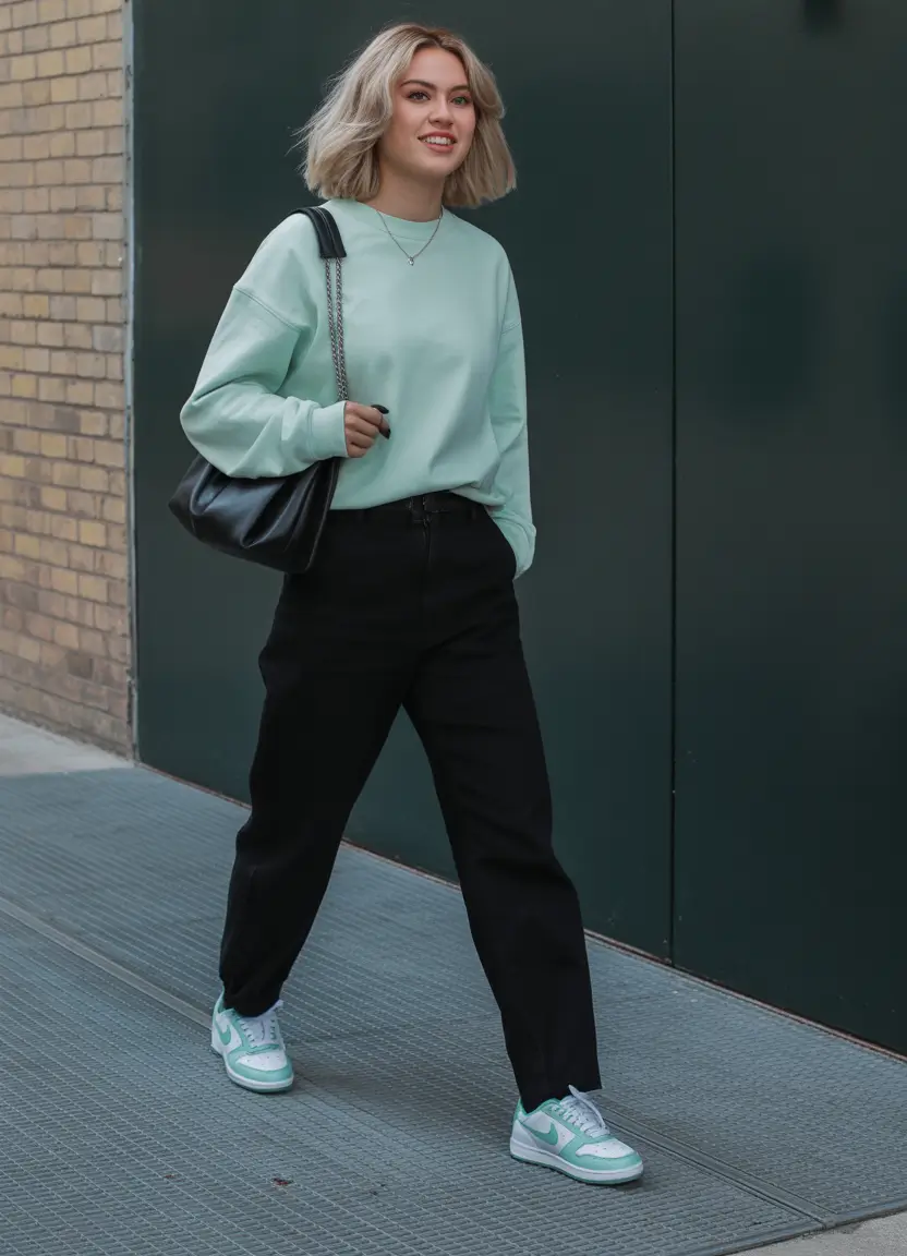 cute spring outfit with sneakers 2026 Mint Green Freshness With Black Denim And Soft Pastel Sneakers
