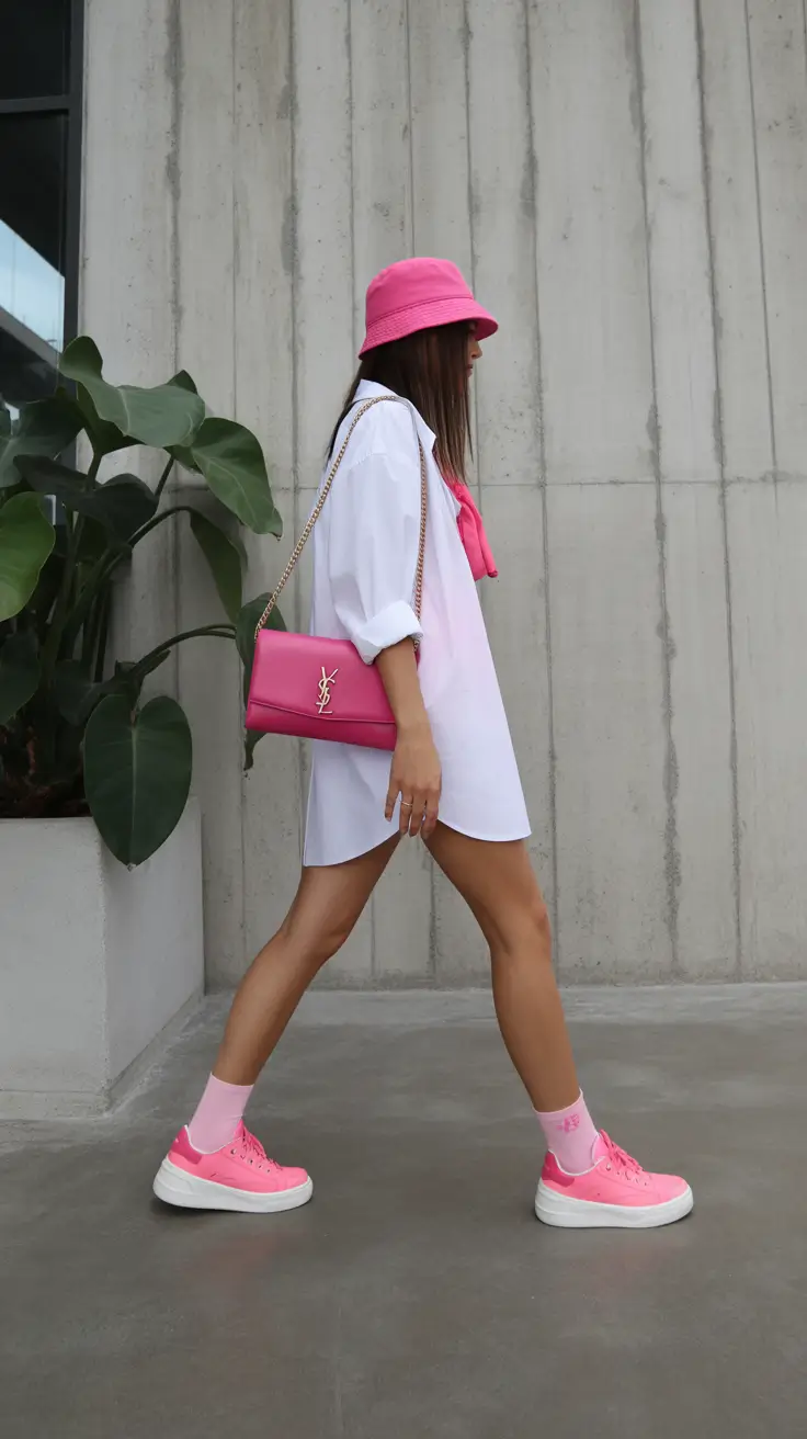 cute spring outfit with sneakers 2026 Hot Pink Monochrome Fun With A Playful Spring Twist