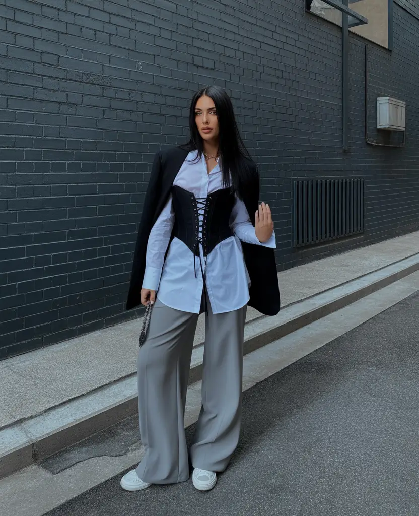 cute spring outfit with sneakers 2026 Structured Black And Grey Layers With A Modern Corset Twist
