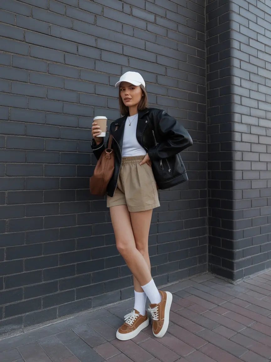 cute spring outfit with sneakers 2026 Neutral Shorts And Leather Jacket With Rich Brown Sneakers