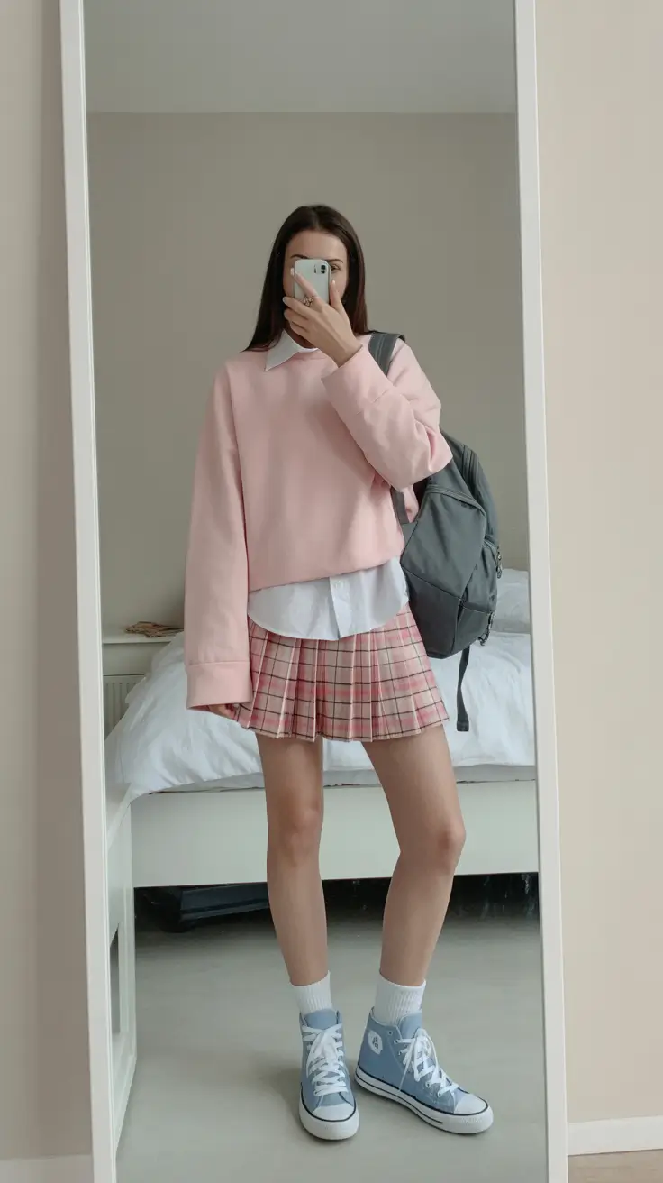 cute spring outfit with sneakers 2026 Soft Pink Prep With Playful Blue High Tops