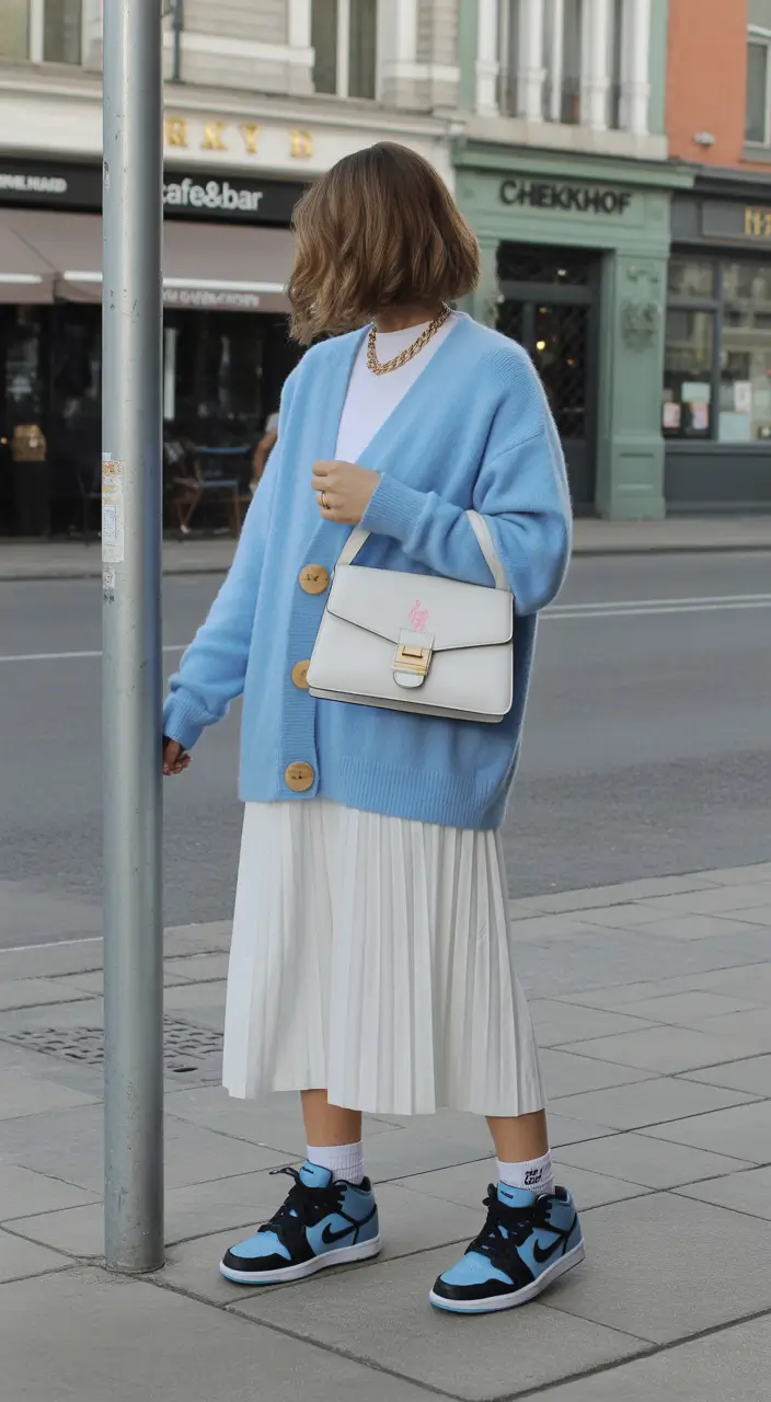 cute spring outfit with sneakers 2026 Blue Cardigan Flow With Pleated Skirt And Sporty Contrast
