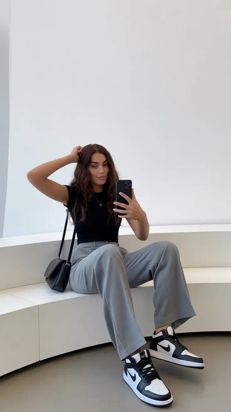 cute spring outfit with sneakers 2026 Minimalist Monochrome With Sharp Black And Grey Balance