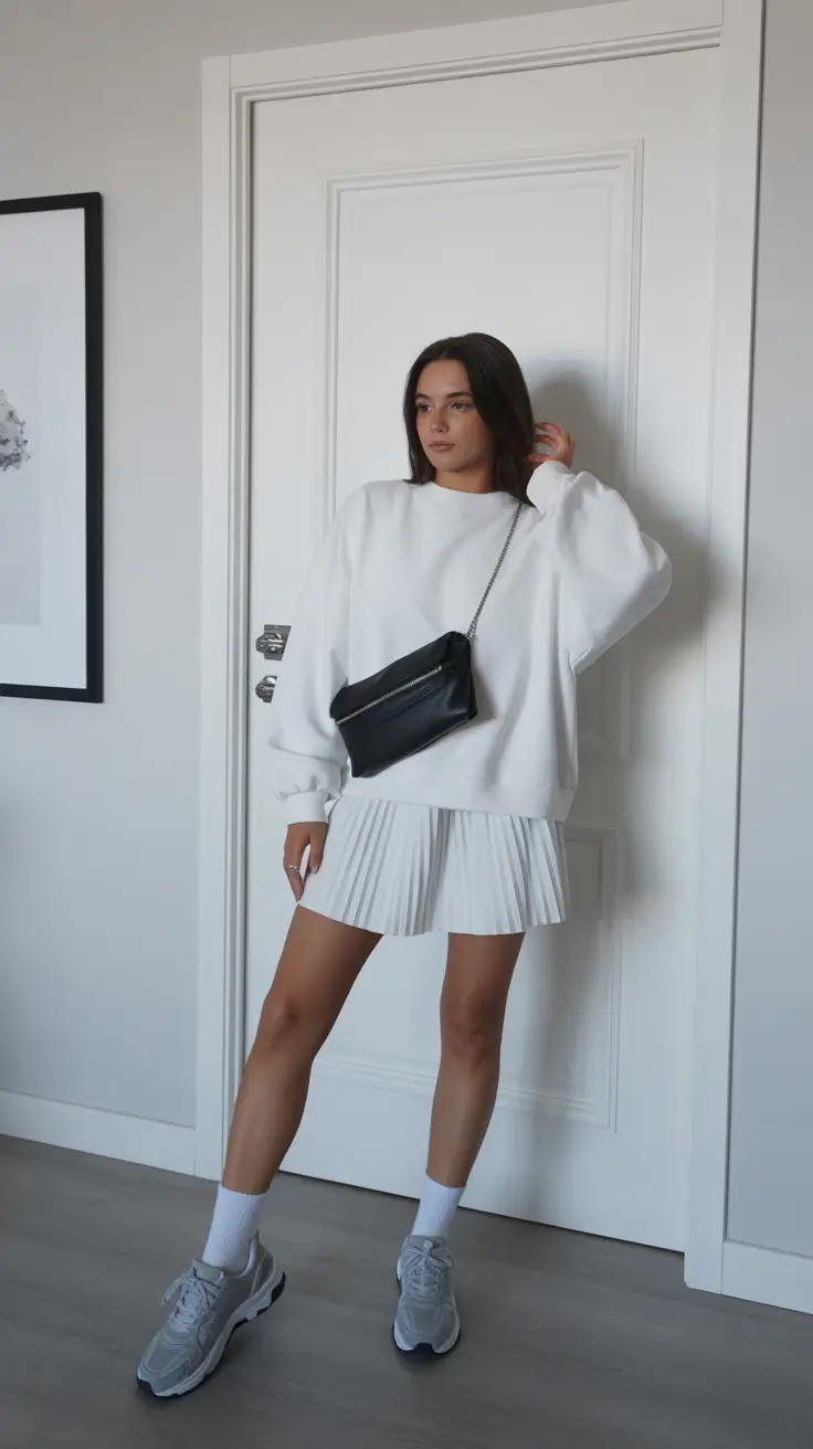 cute spring outfit with sneakers 2026 All White Freshness With Soft Pleats And Cool Grey Sneakers