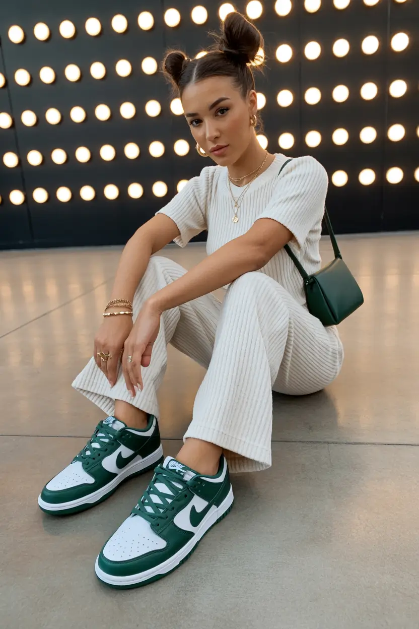 cute spring outfit with sneakers 2026 Cozy Ribbed Neutrals With Forest Green Accents