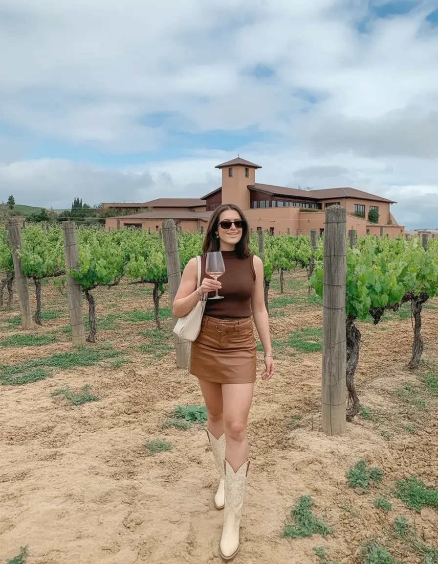 cute winery outfit spring 2026 Brown Leather Textures for a Western Spring Winery Look