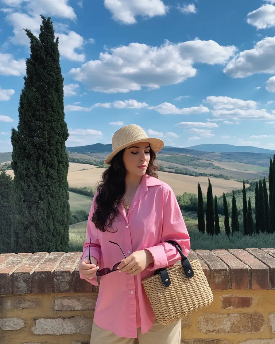 cute winery outfit spring 2026 Soft Pink and Straw Accessories for an Italian Inspired Tasting Day