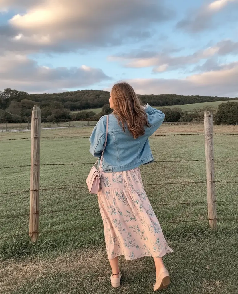 cute winery outfit spring 2026 Pastel Florals and Denim for Cool Spring Sunset Tastings