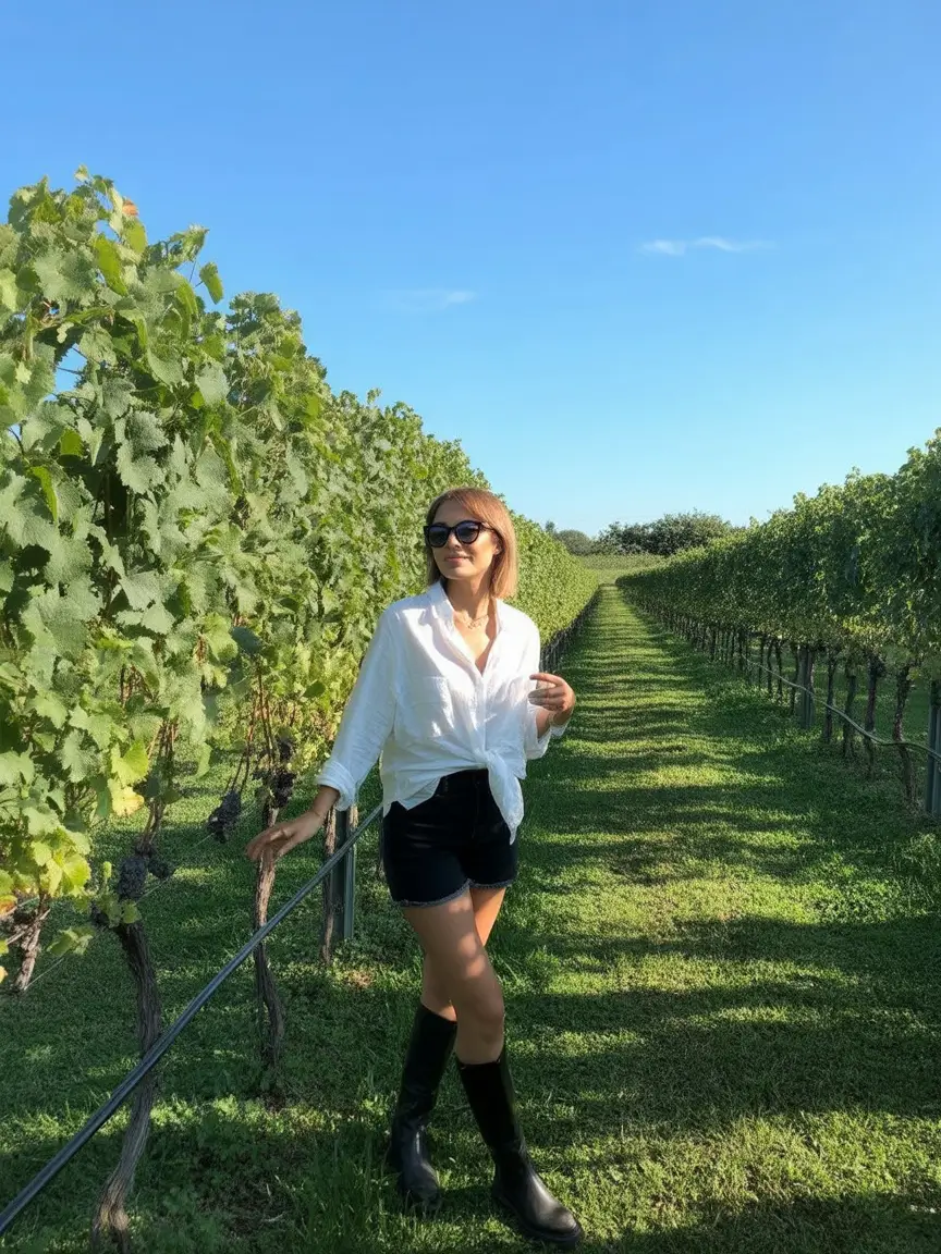 cute winery outfit spring 2026 Classic White Shirt and Black Shorts for a Modern Vineyard Walk