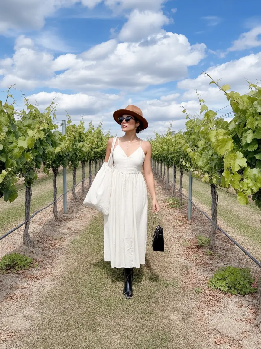 cute winery outfit spring 2026 Light Cream Dress with Western Boots for an Effortless Vineyard Walk