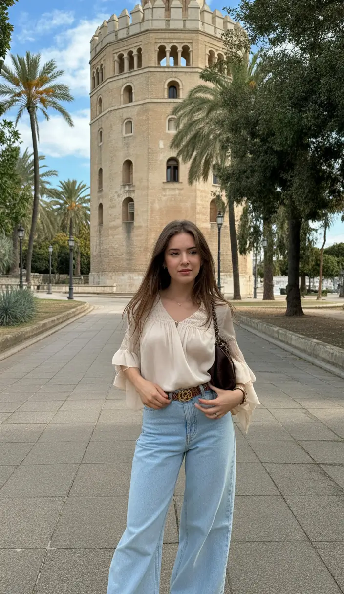 cute winery outfit spring 2026 Soft Neutral Blouse and Denim for a Warm Spring Afternoon