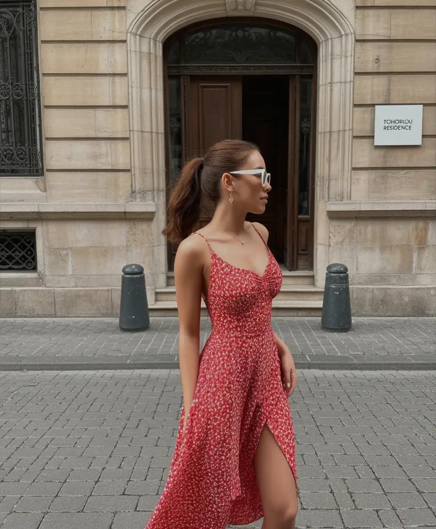 cute winery outfit spring 2026 Red Floral Dress for a Romantic Spring Wine Tasting Mood