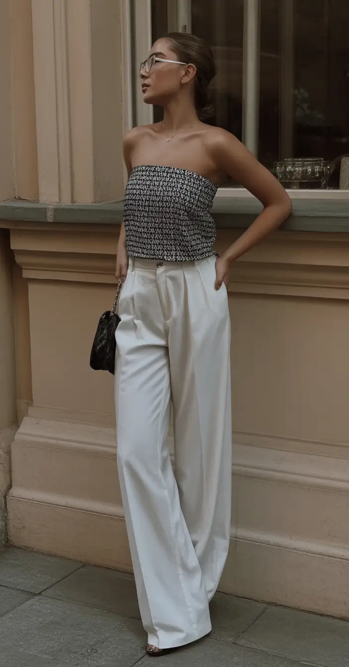 cute winery outfit spring 2026 Strapless Textured Top and Wide Leg Pants for a Modern Spring Look