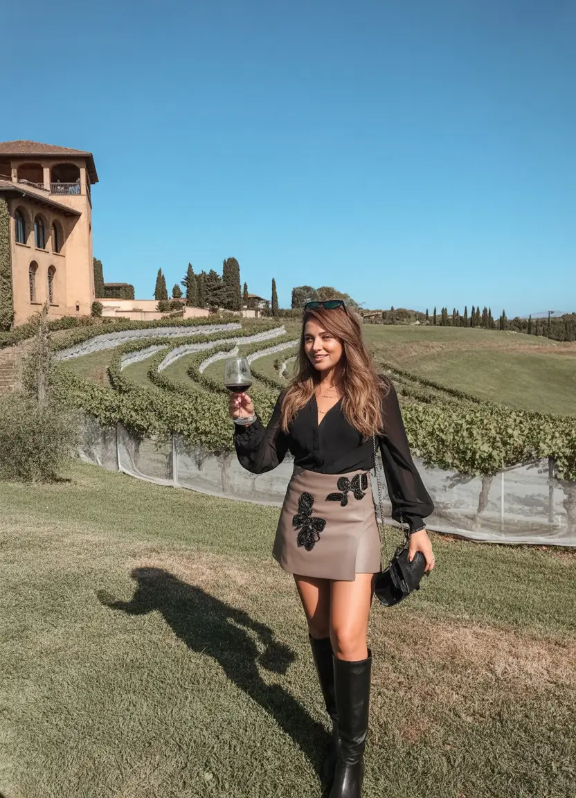 cute winery outfit spring 2026 Black Blouse and Embellished Mini Skirt for a Statement Tasting Look