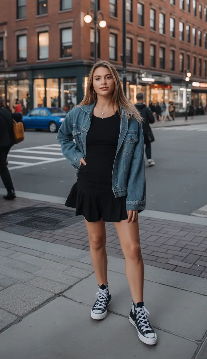 daytime spring fashion outfits 2026 Spring Black Dress With a Denim Twist