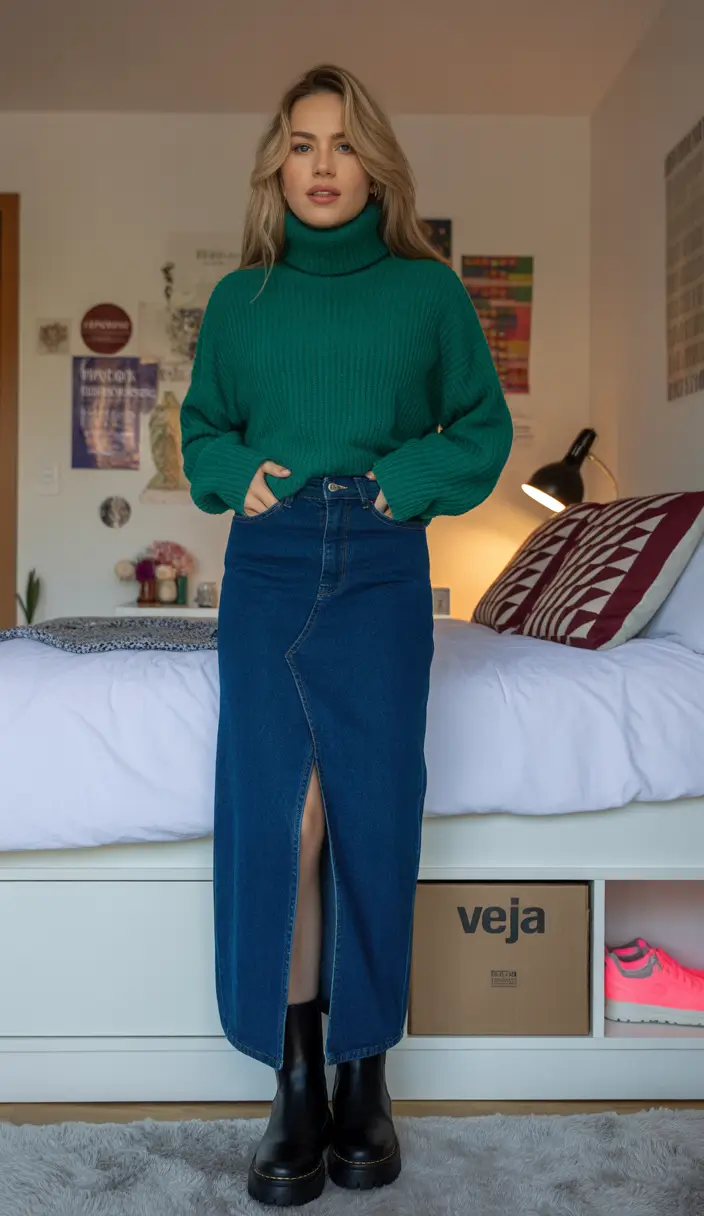 spring skirt outfits 2026 Emerald Knit Calm With a Denim Split Skirt