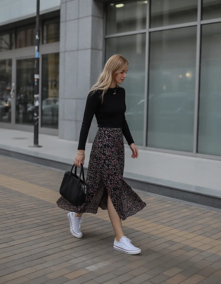 spring skirt outfits 2026 Floral Movement With Classic Sneakers