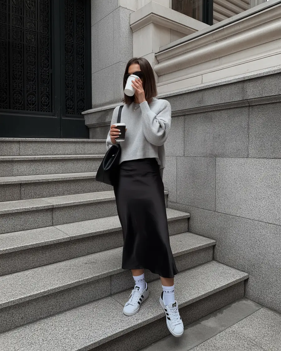 spring skirt outfits 2026 Silky Black Ease With Sporty Energy