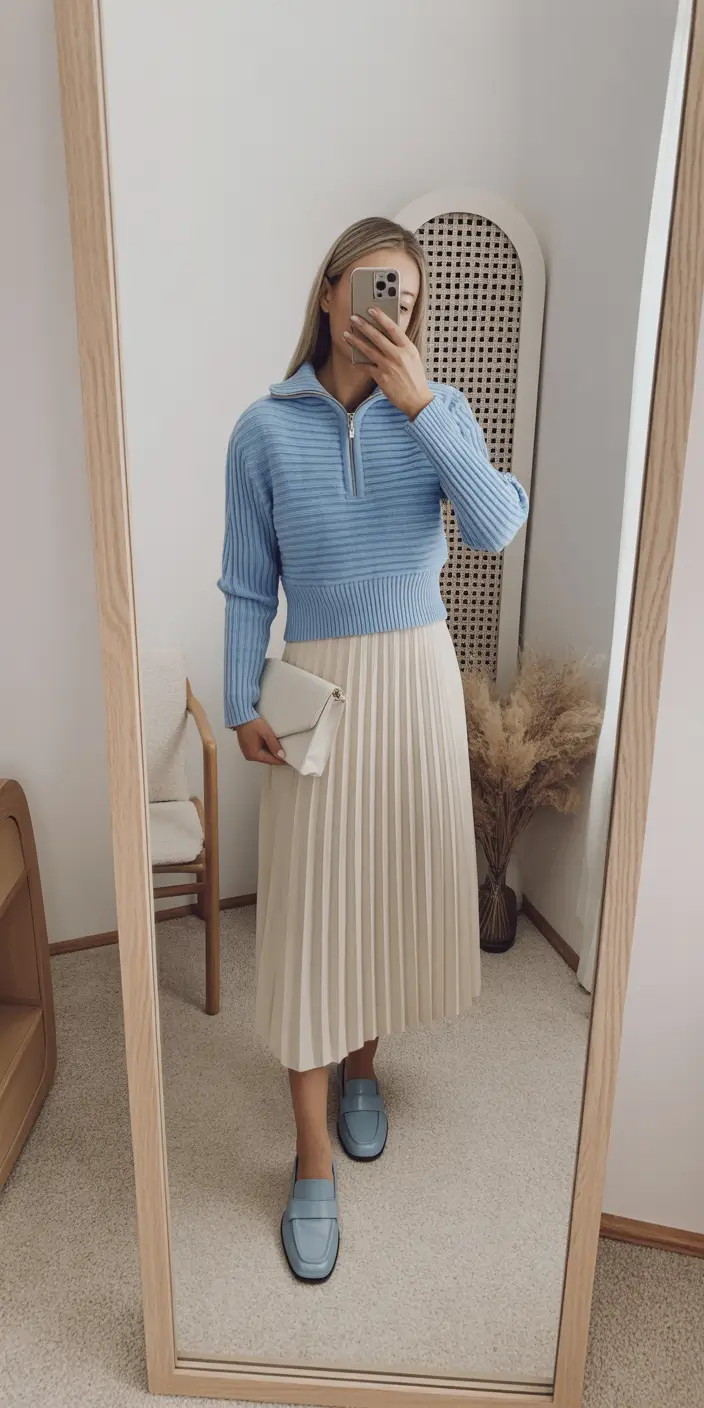 spring skirt outfits 2026 Pastel Freshness With Pleated Ease