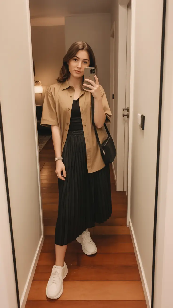 spring skirt outfits 2026 Lightweight Layers With a Pleated Black Midi