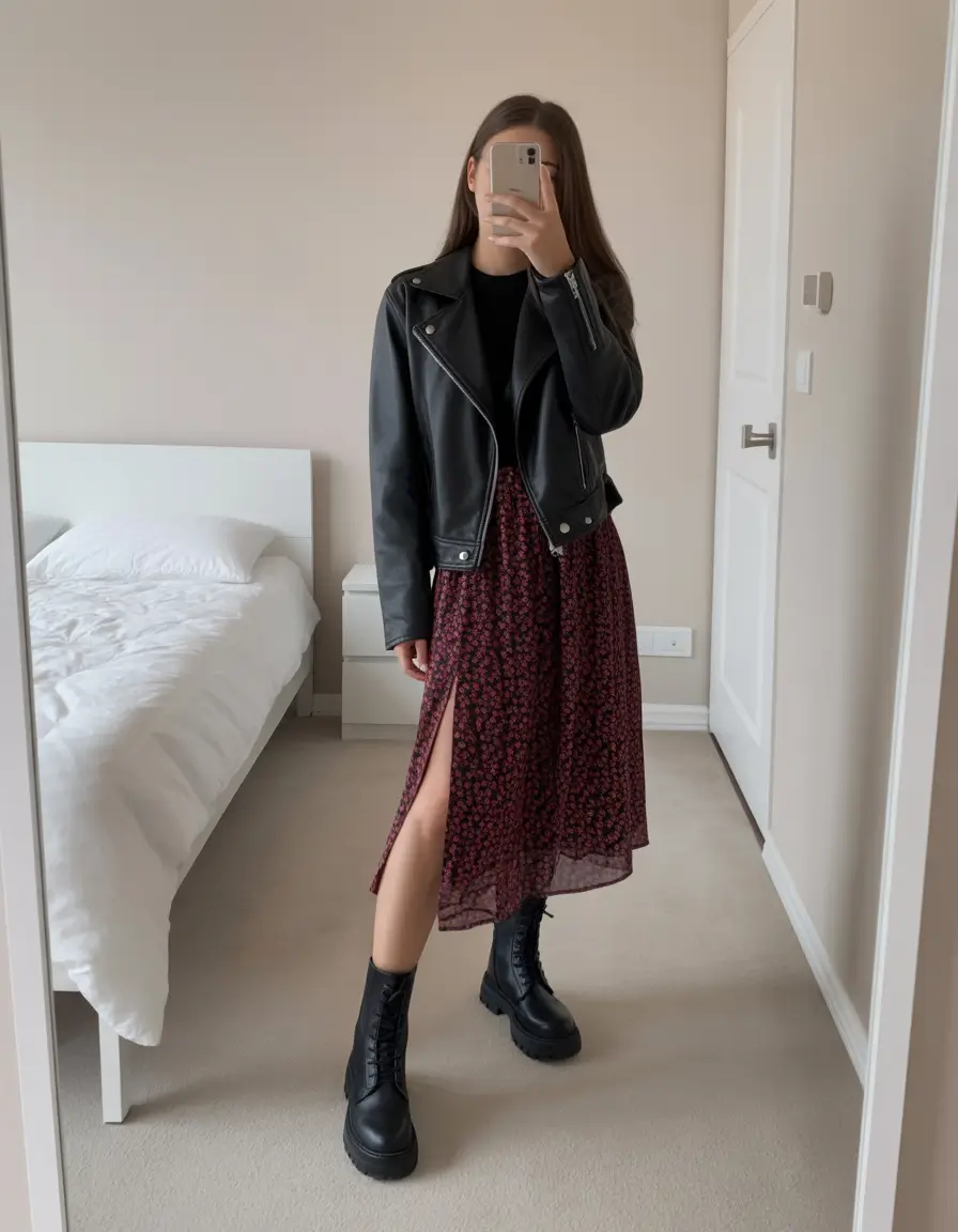 spring skirt outfits 2026 Edgy Florals With Leather Contrast