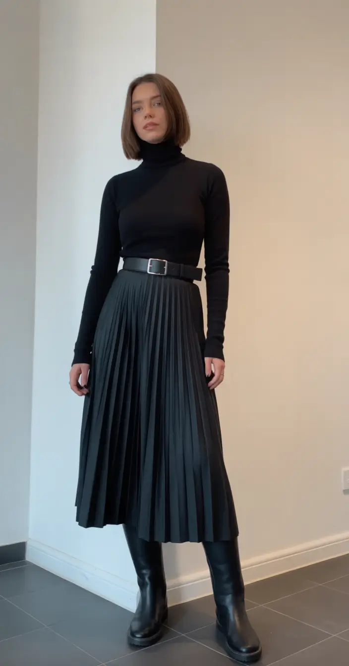 spring skirt outfits 2026 All Black Elegance With a Sculpted Pleated Midi