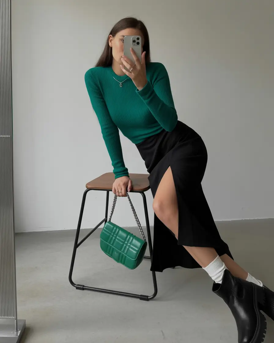 spring skirt outfits 2026 Emerald Balance With a Sleek Black Midi