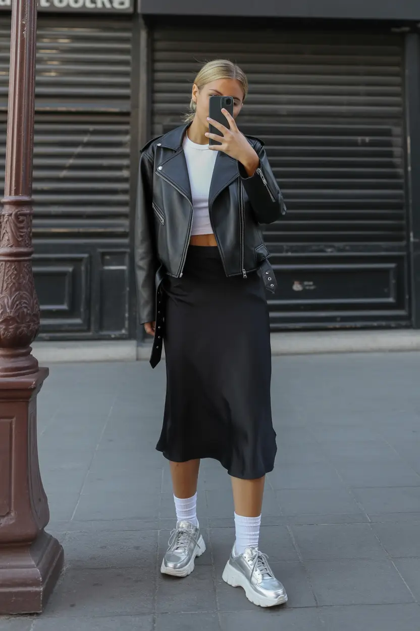 spring skirt outfits 2026 City-Ready Edge With Glossy Black Layers