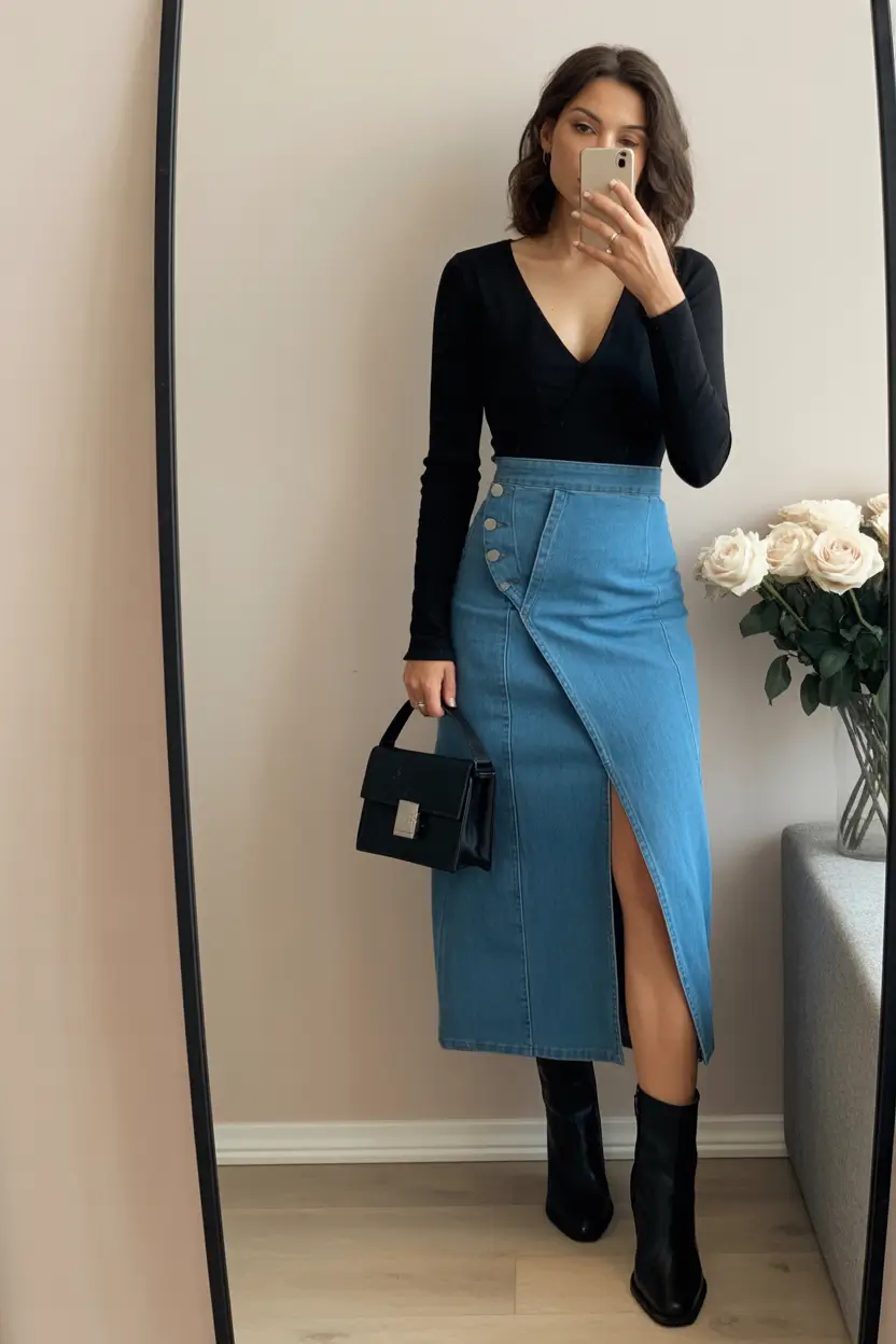 spring skirt outfits 2026 Clean Denim Lines With a Modern Wrap Shape
