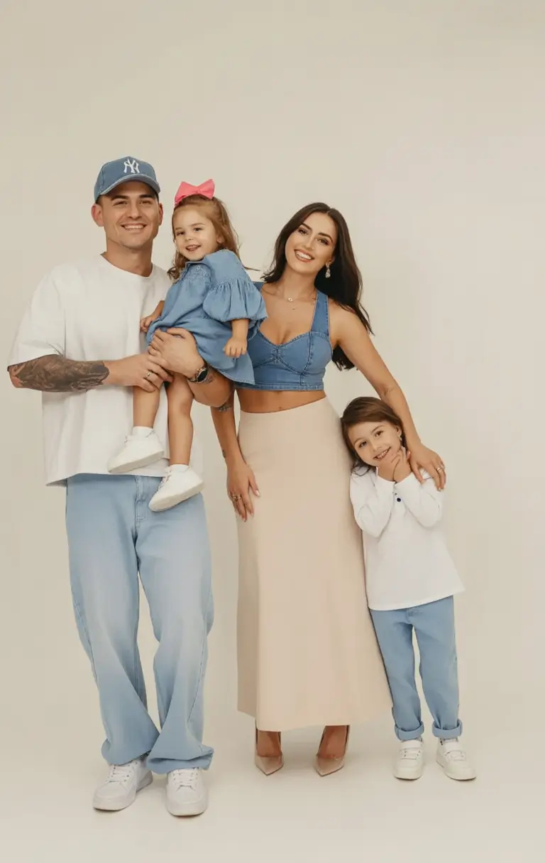 elegant spring family pictures outfits for 2026 Soft Neutrals With Denim Accents for a Warm Spring Session