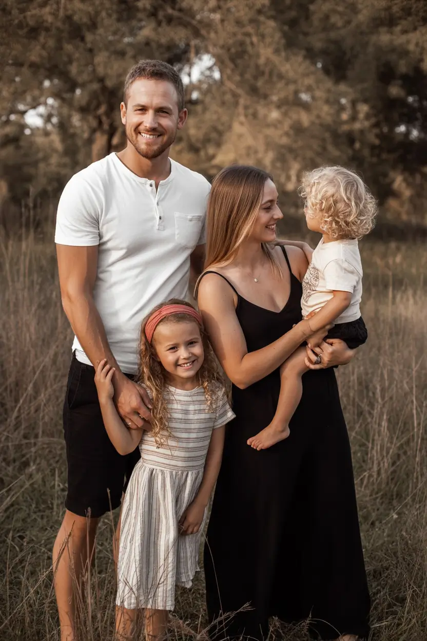 elegant spring family pictures outfits for 2026 Classic Black and White With Soft Earthy Textures