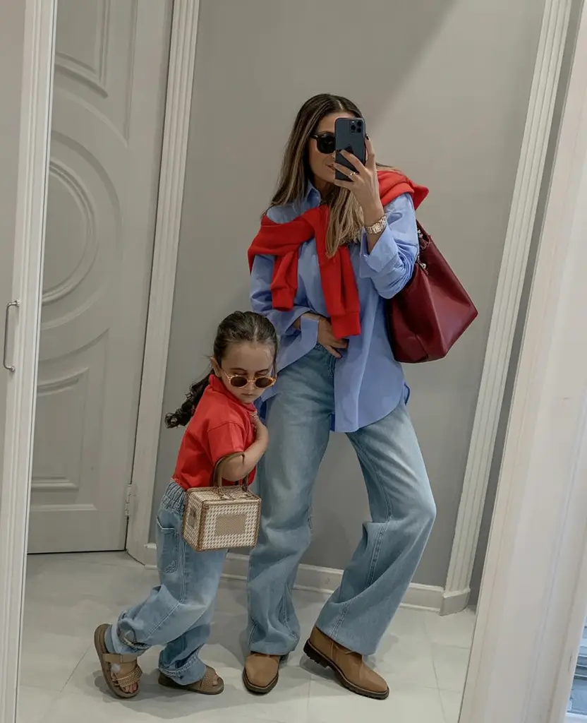 elegant spring family pictures outfits for 2026 Playful Denim and Pops of Red