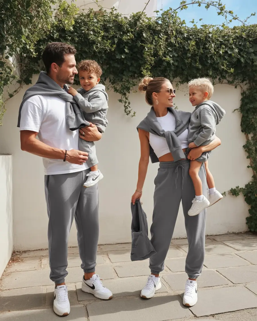 elegant spring family pictures outfits for 2026 Coordinated Gray Athleisure for a Modern Spring Look