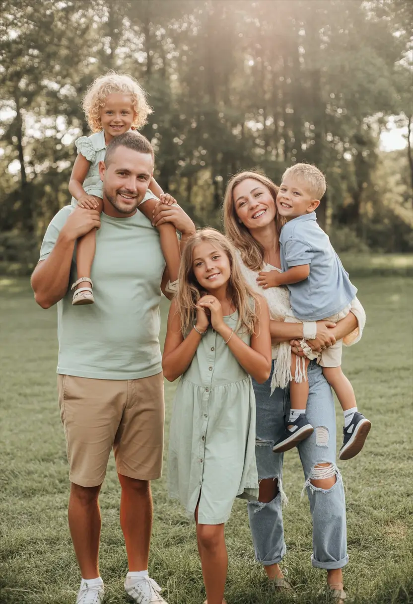 elegant spring family pictures outfits for 2026 Soft Mint and Denim for a Fresh Outdoor Spring Mood