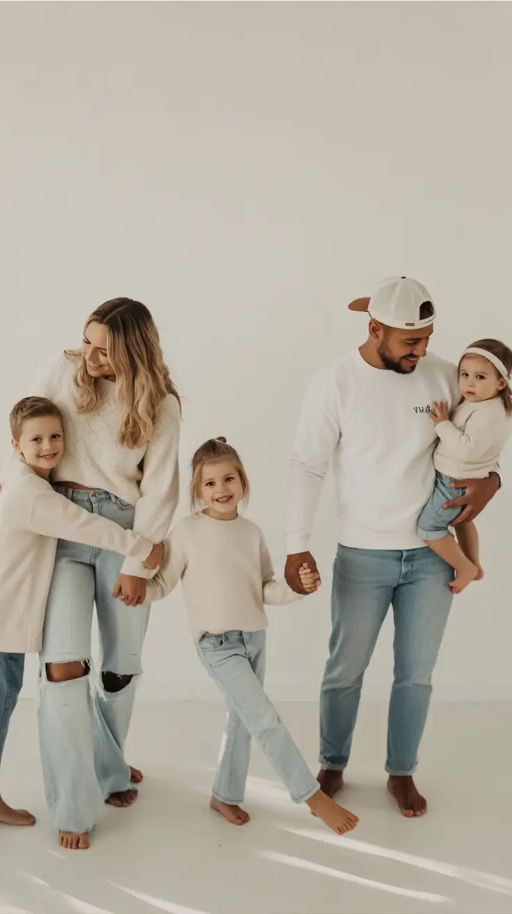elegant spring family pictures outfits for 2026 Creamy Neutrals With Soft Denim Accents