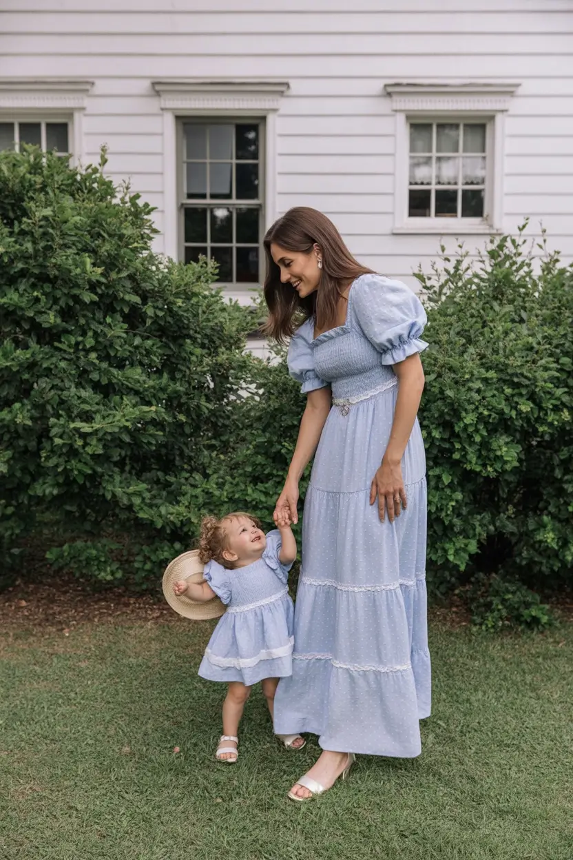 elegant spring family pictures outfits for 2026 Soft Blue Mother and Daughter Spring Dresses