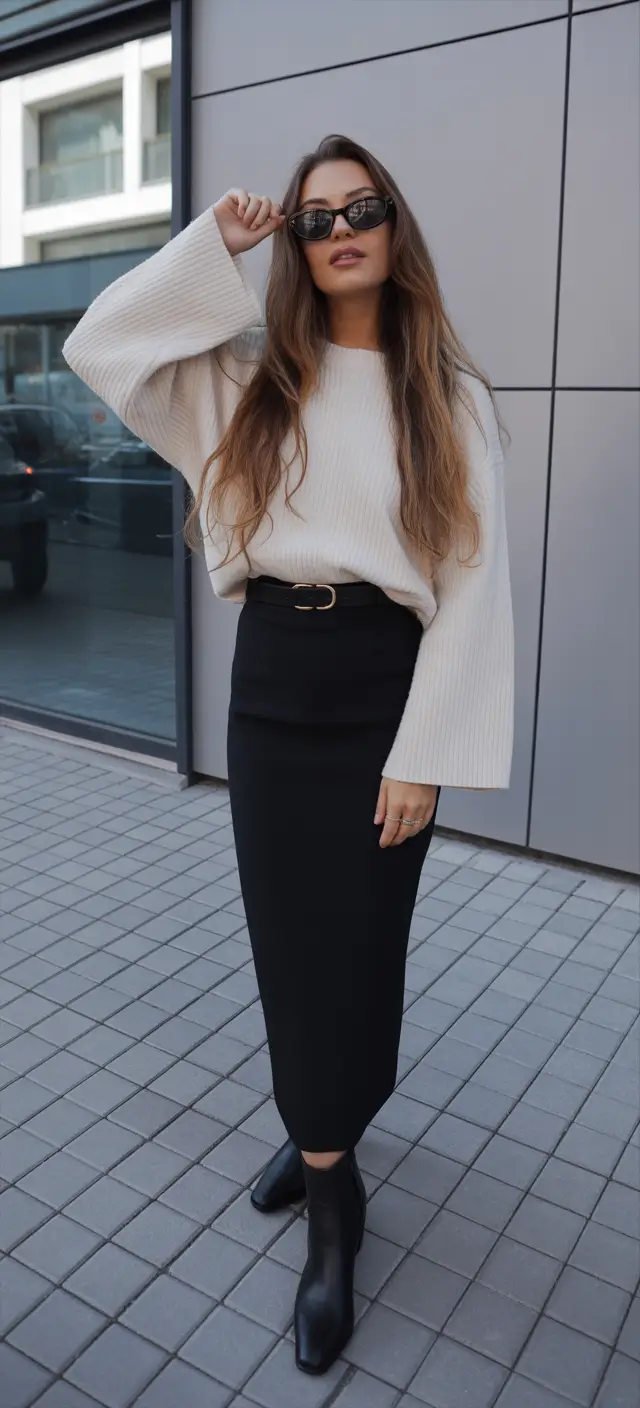 fancy spring birthday outfit 2026 Monochrome Ease with a Modern Black Skirt